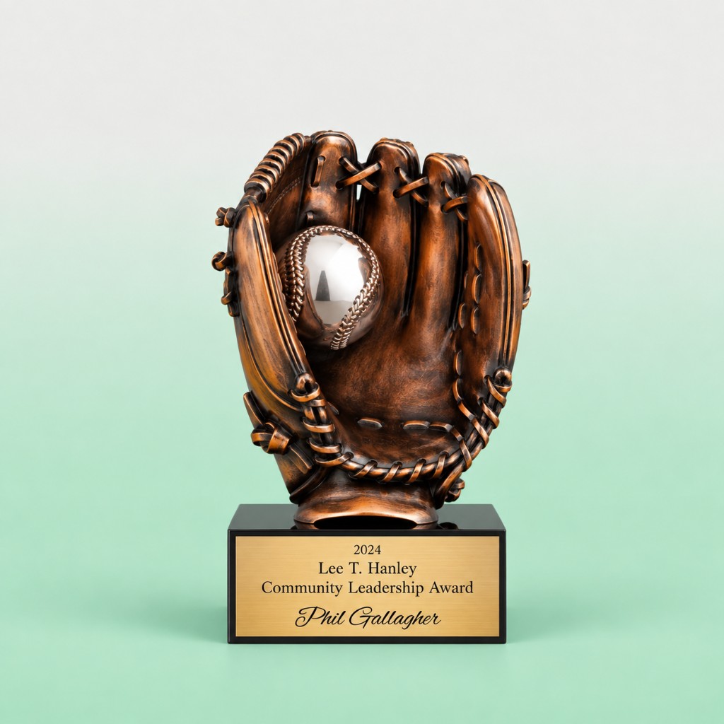 Lee T. Hanley Community Leadership Award baseball glove trophy
