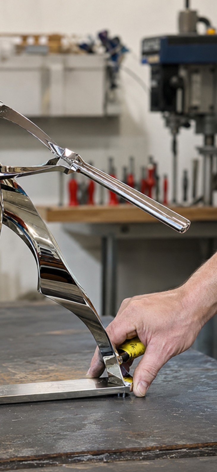 Polishing the plated trophy figure in the workshop