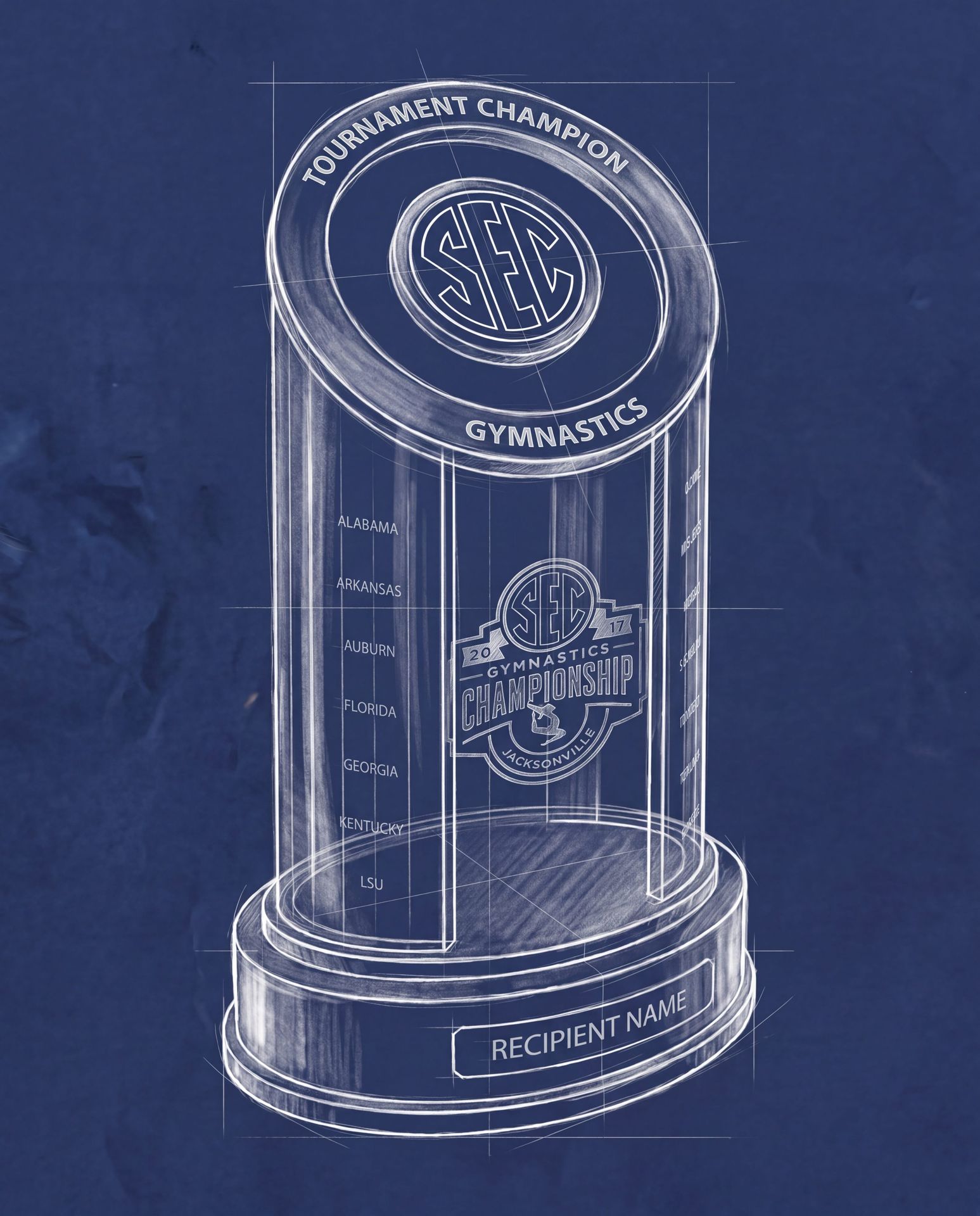 Blueprint sketch of a custom SEC championship trophy