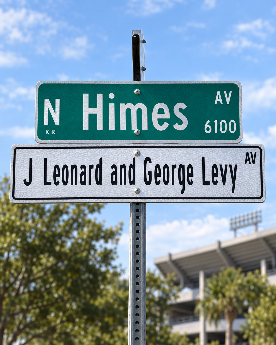J Leonard and George Levy Avenue street sign near Raymond James Stadium