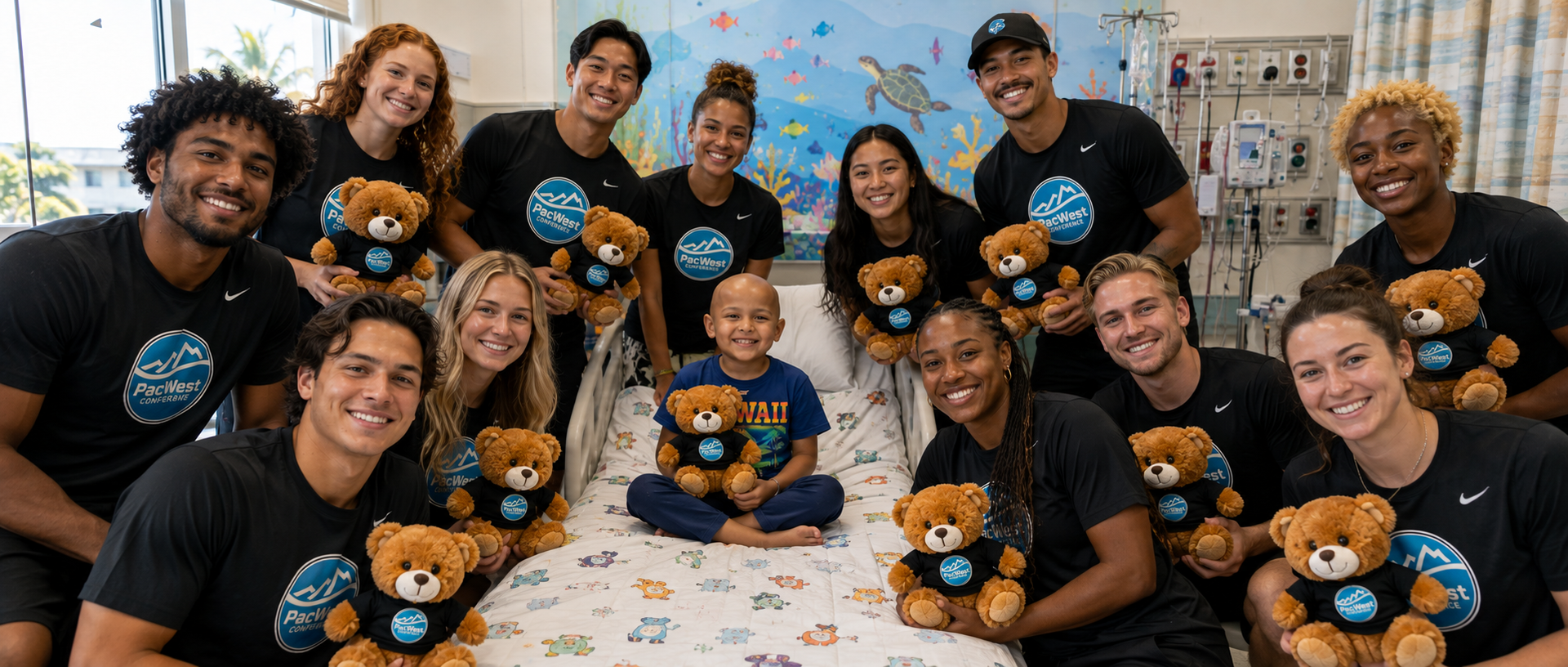 PacWest student-athletes sharing teddy bears during a hospital visit