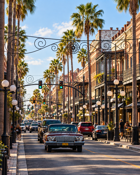 Historic Tampa street with classic car and palm trees